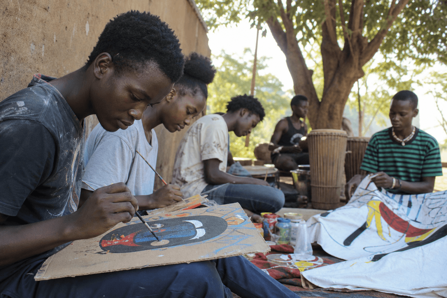 Kenyan teenagers in an outdoor arts workshop painting together