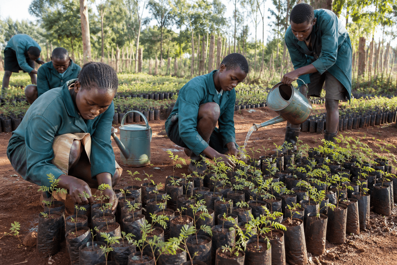 Youth tending rows of tree seedlings in a small nursery