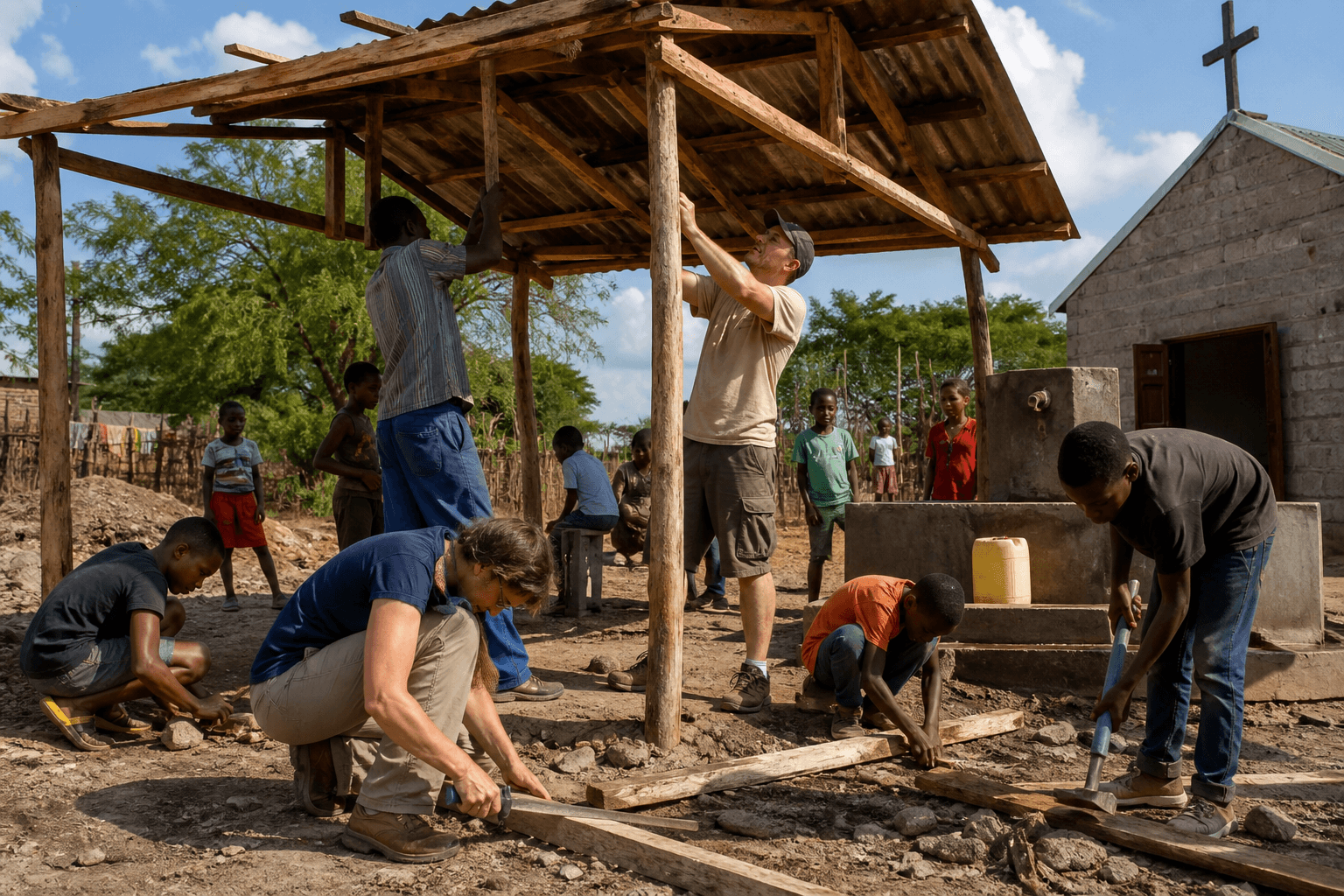 Volunteers and youth improving shade and facilities in a community yard