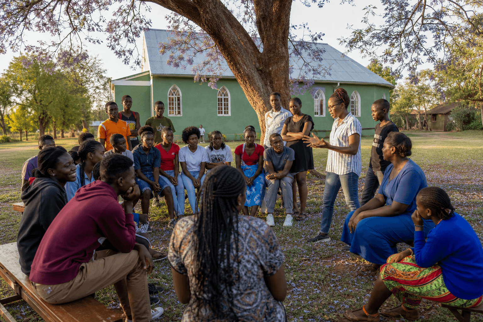 Youth and volunteers gathered in a Kenyan community yard for an activity day